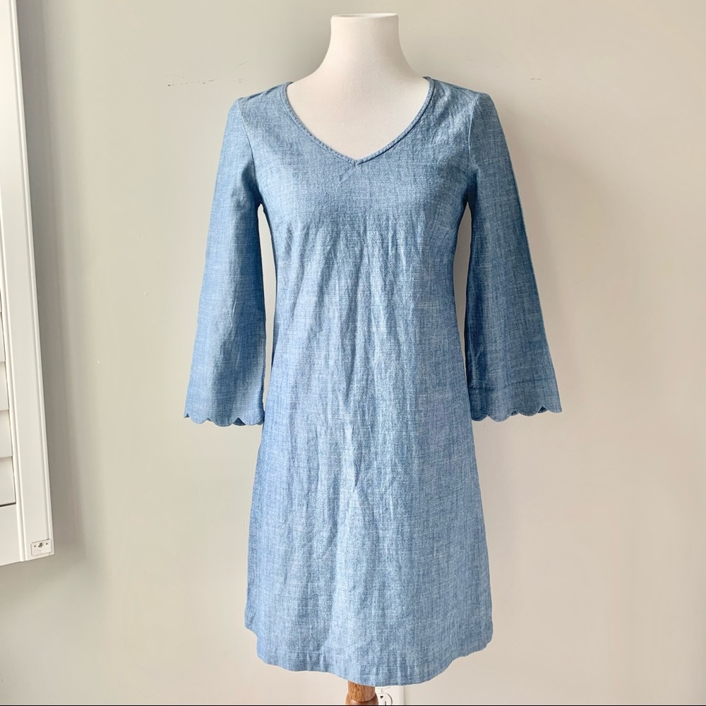 J. Crew Chambray Fitted 3/4 Length Scallop Sleeve Dress Size 0